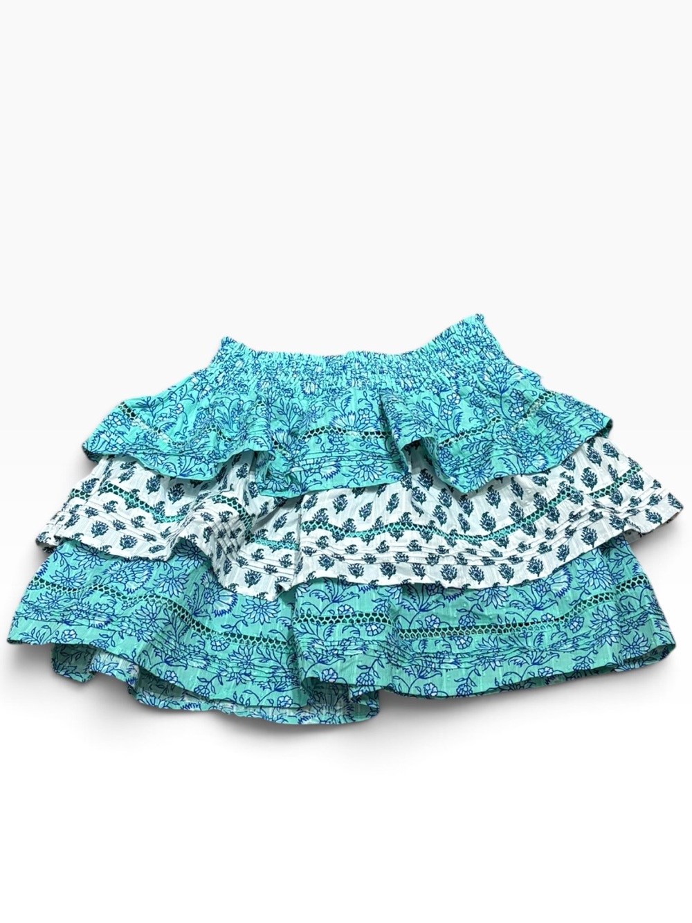 Roller Rabbit Teal & White Ruffled Tiered Skirt, Size S NEW
